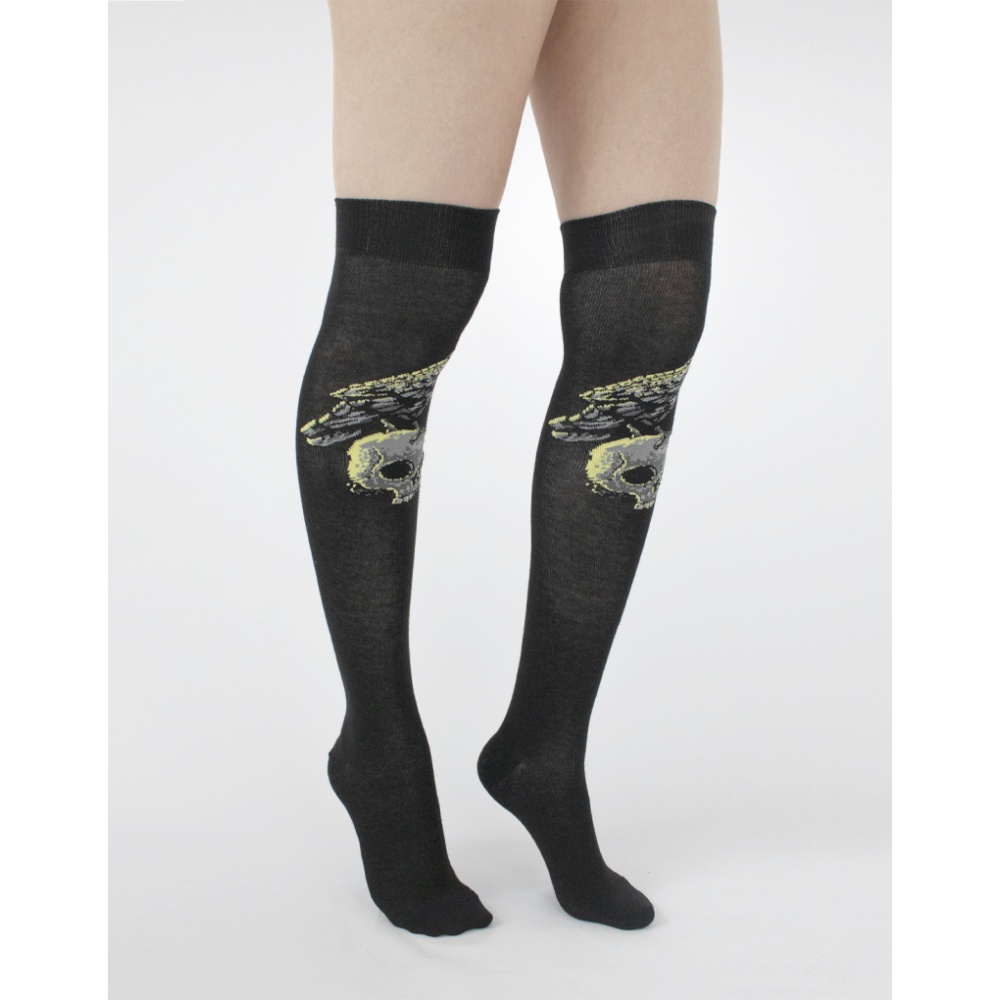 Pamela Mann - Raven Skull Overknee sokken - Zwart